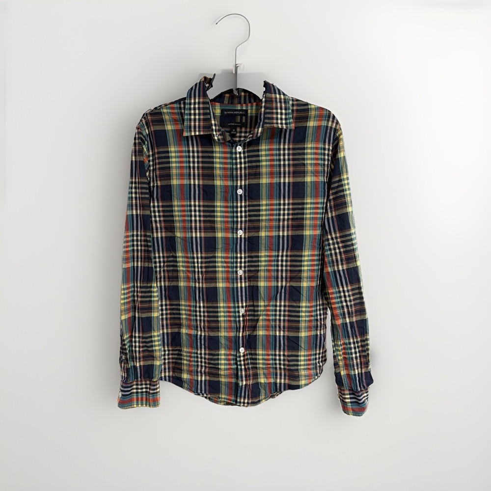 Banana Republic Mens M Untucked Slim Fit Plaid Button Down Shirt Multicolor W218